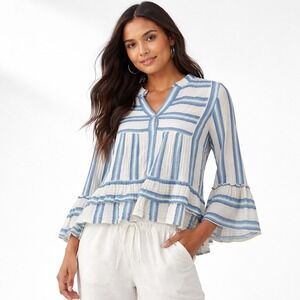 Faherty Women Blue Striped Organic Cotton Peplum Top XS Boho Coastal Cottagecore